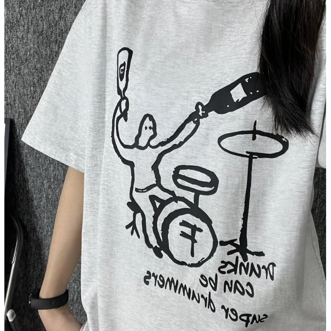 oversize韩版休闲重磅纯棉白灰色T恤女美式街头学生百搭