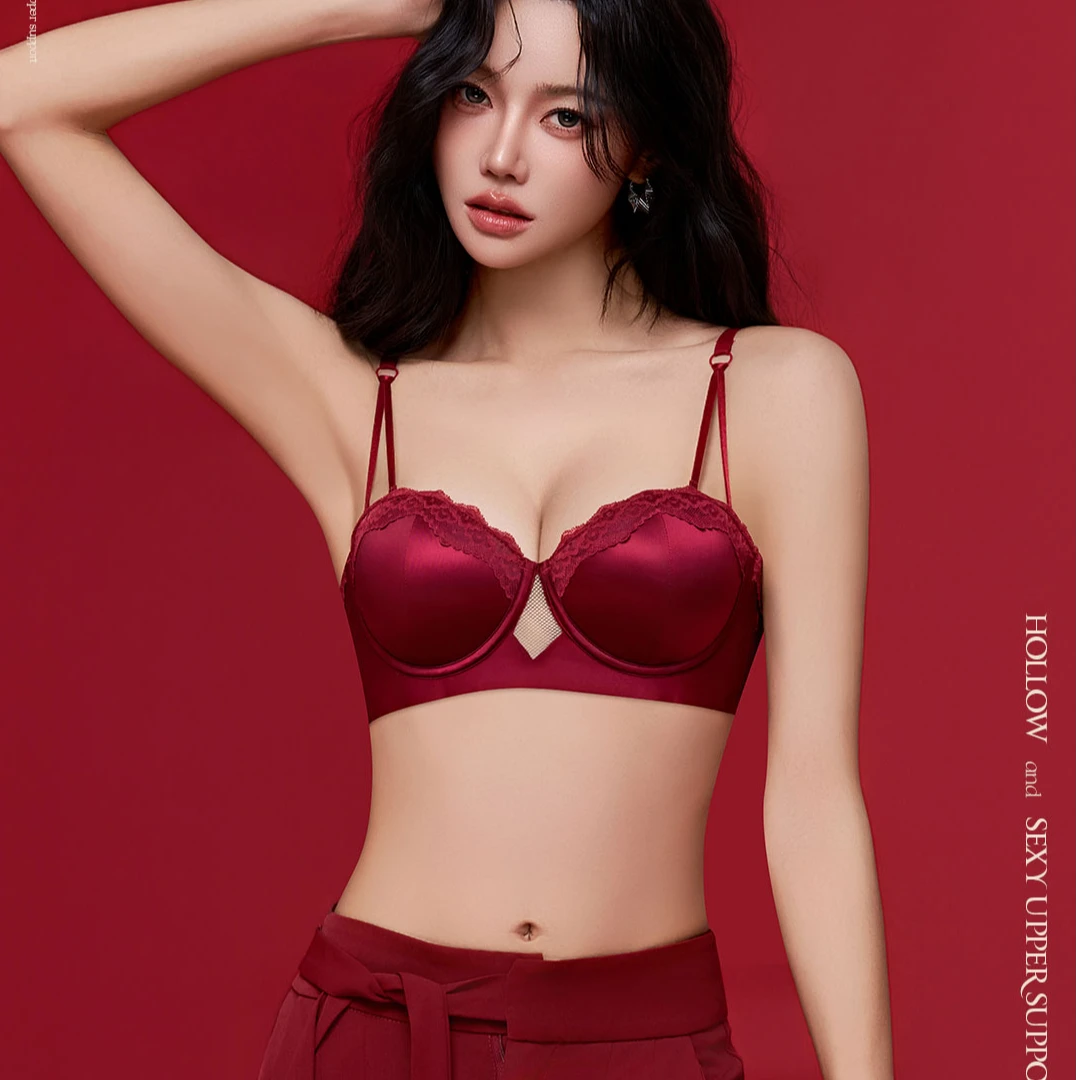 高级缎面酒红色内衣女小胸聚拢文胸无钢圈法式蕾丝本命年文胸红色