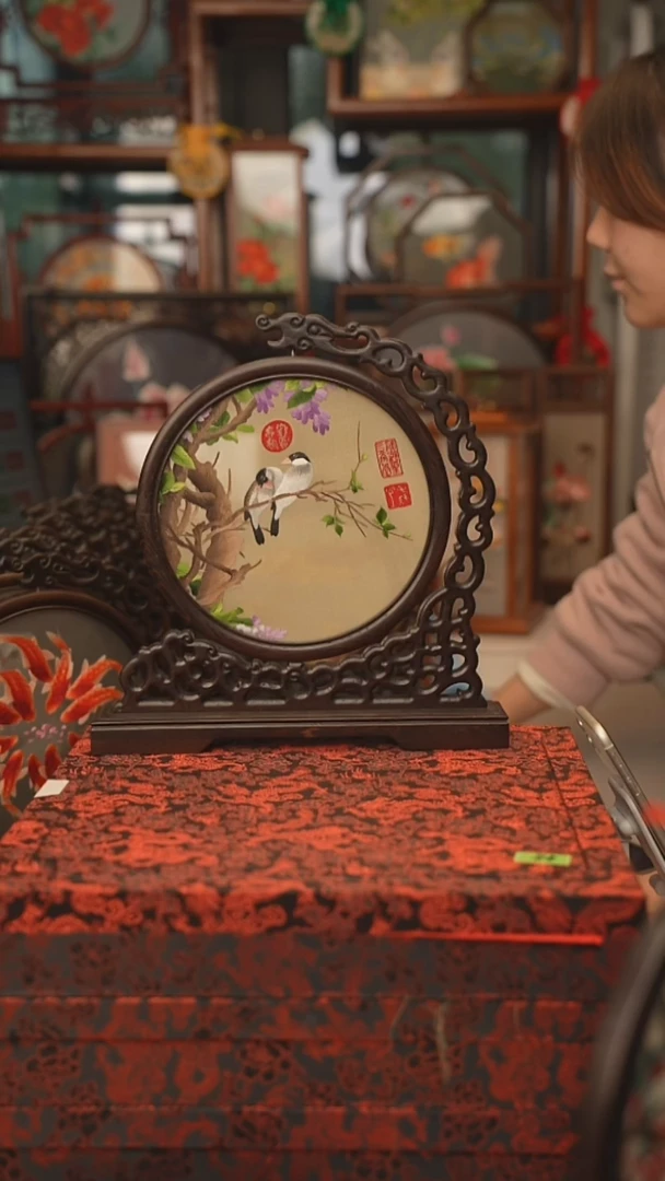 扇子龙头架 苏绣双面绣摆台