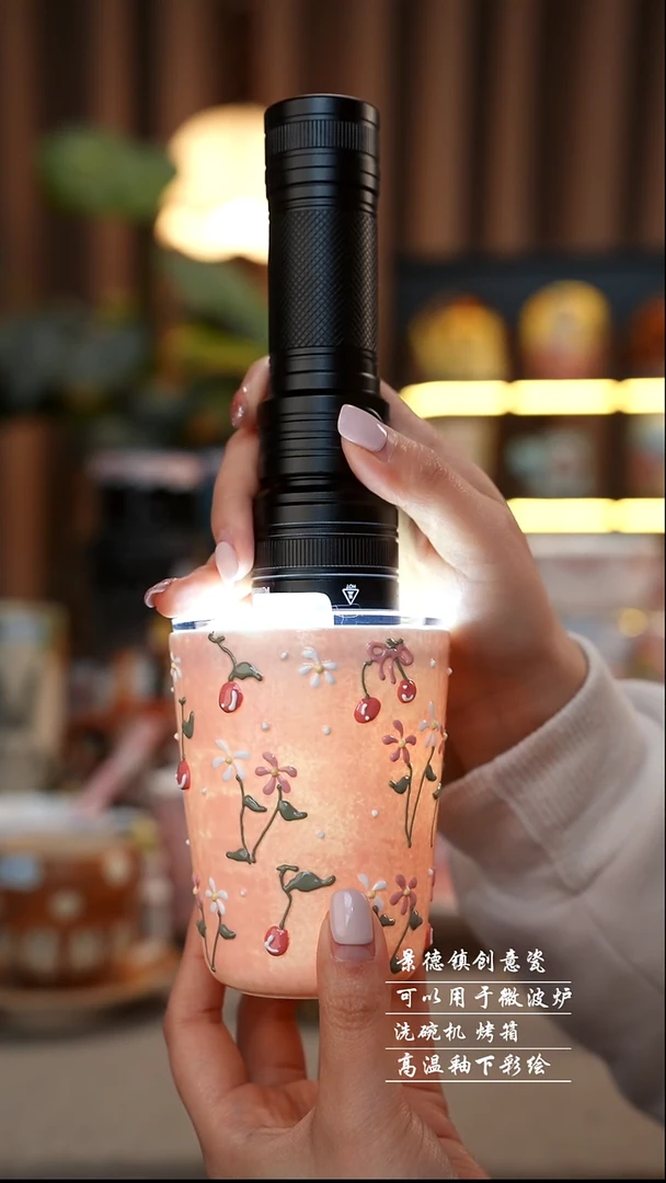 粉色樱桃随行杯景德镇陶瓷手工手绘创意瓷