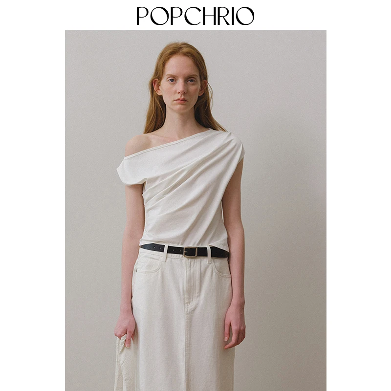 POPCHRIO欧可芮◆设计感一字领露斜肩T恤褶皱收腰修身无袖上衣女