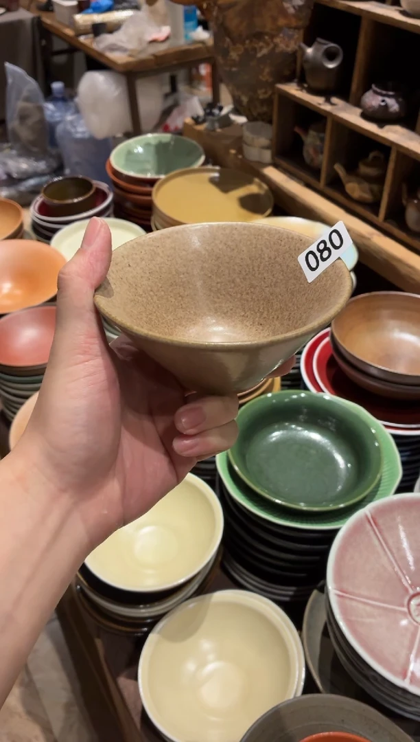 瓷片猫**飞80亚麻棕斗笠米饭碗1个