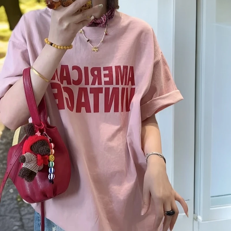 【复古字母】夏季新款2025韩版百搭休闲宽松显瘦纯棉宽松t恤女宽松