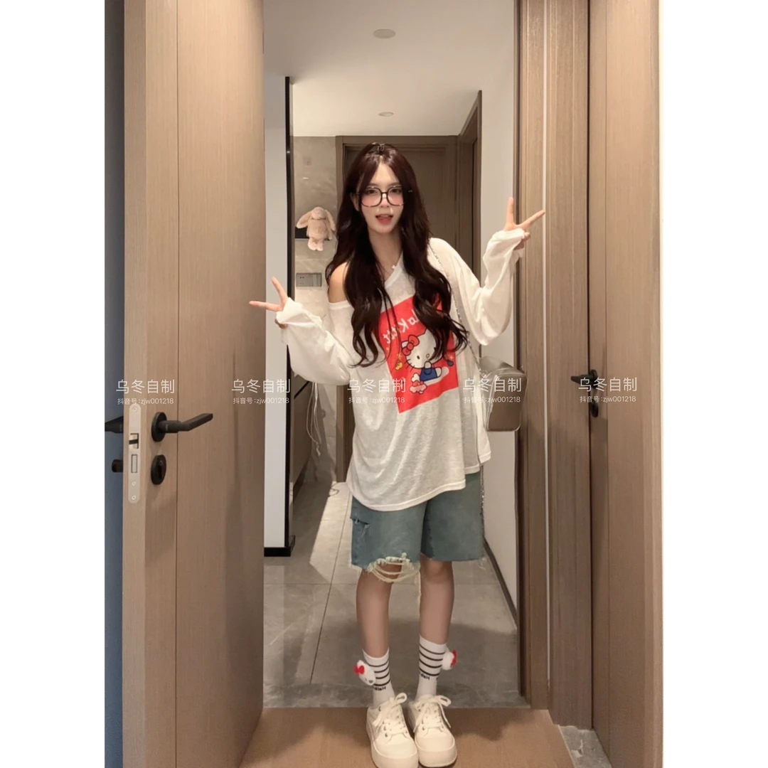 【乌冬自制】“软喵Kitty”韩版时尚猫咪印花斜肩凉感防晒衫～