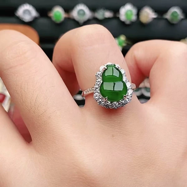 鑫辰珠宝天然A货翡翠银镶嵌设计款开口女戒指时尚百搭葫芦