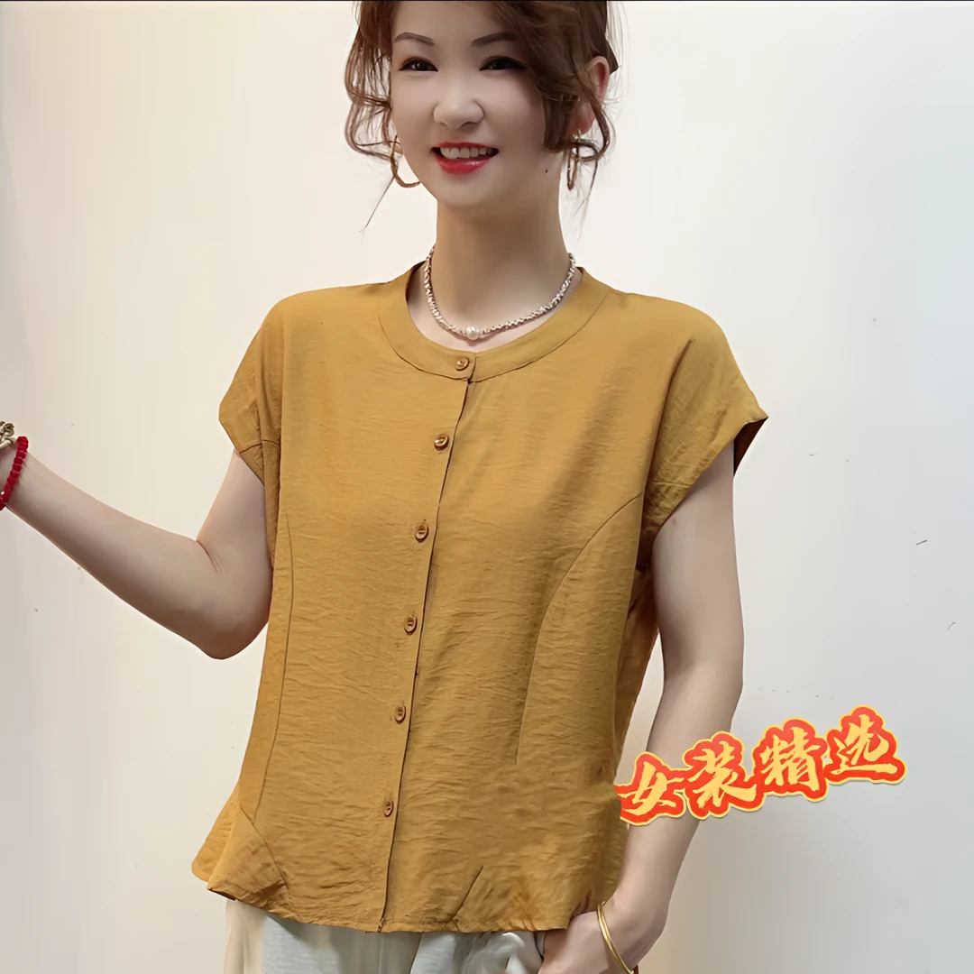 圆领女士夏季新款休闲T恤衬衫显瘦减龄百搭复古气质女士薄款上衣
