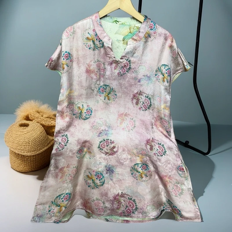 古韵（凤凰00198）薄款提花立领花纹中长款短袖上衣新中式复古