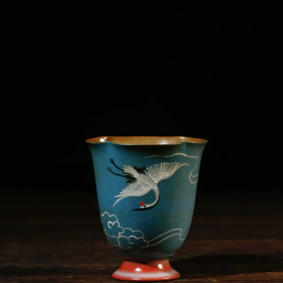 【柒月】老岩泥手绘蓝釉 仙鹤高足花口杯