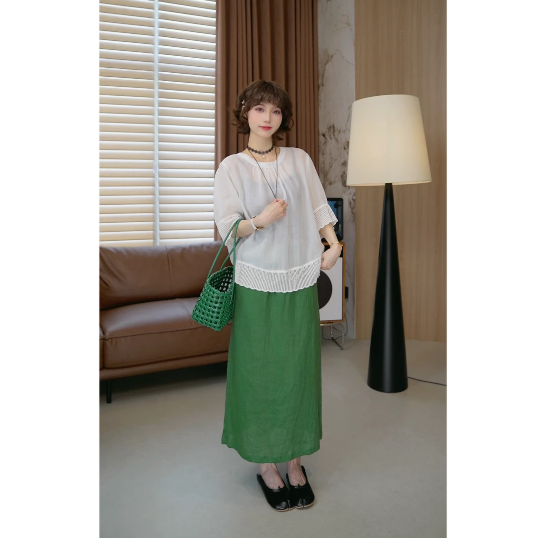 清货价【薇薇绮】全亚麻松紧腰抽绳半身裙休闲纯色裙子 D409