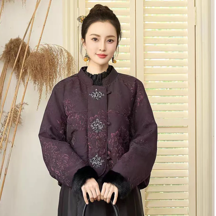 2025新中式国风水貂袖女百搭复古立领白绒羽服外套196