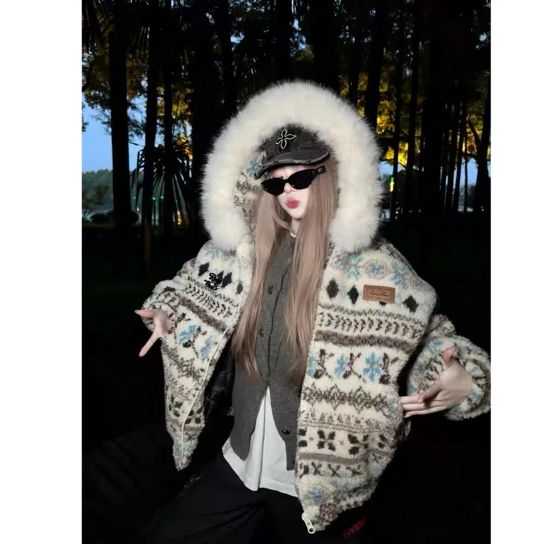 费尔岛复古撞色毛领加厚保暖加绒加厚宽松百搭拉链外套