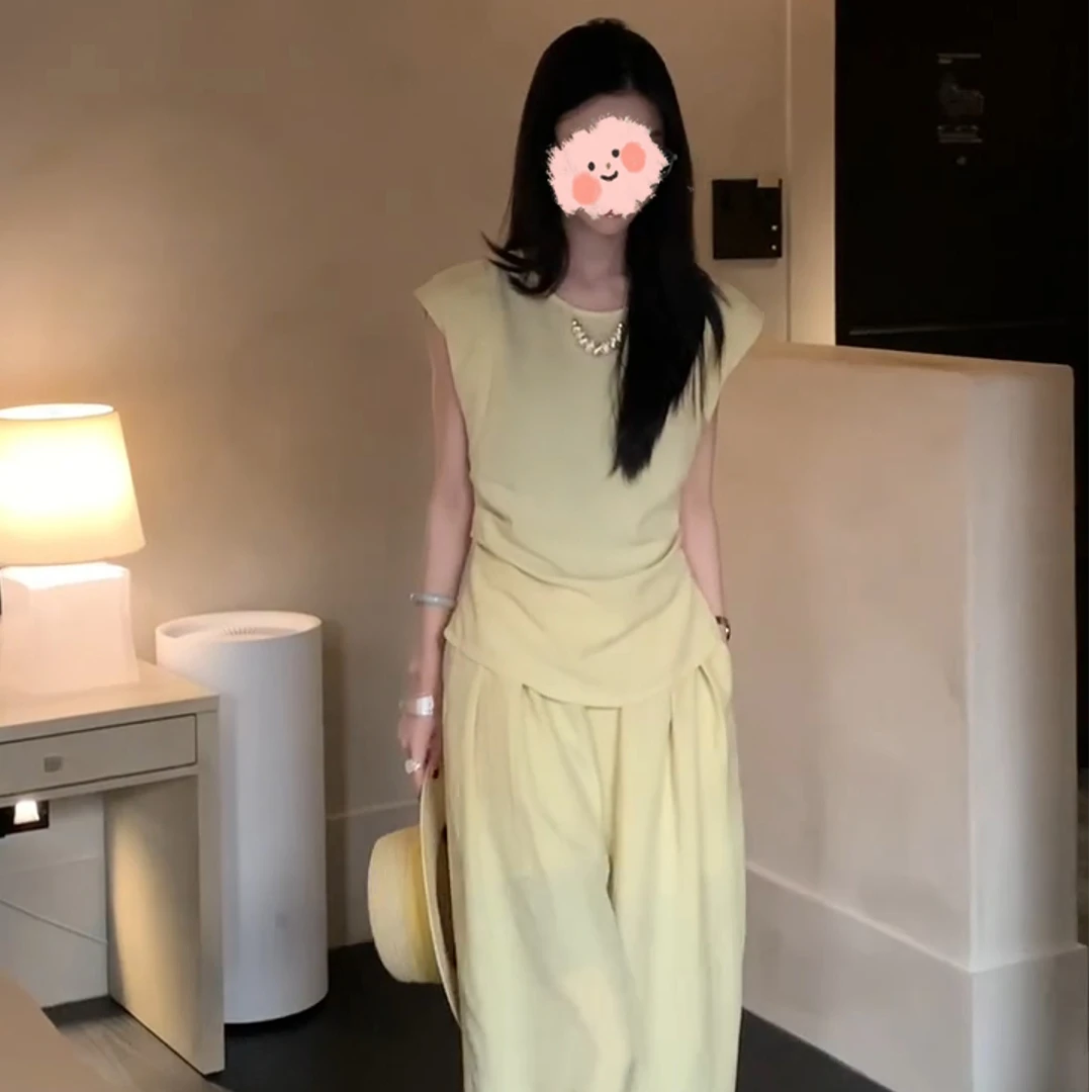 2025夏季新款女韩系穿搭圆领小飞袖修身上衣百搭高腰显瘦阔腿长裤