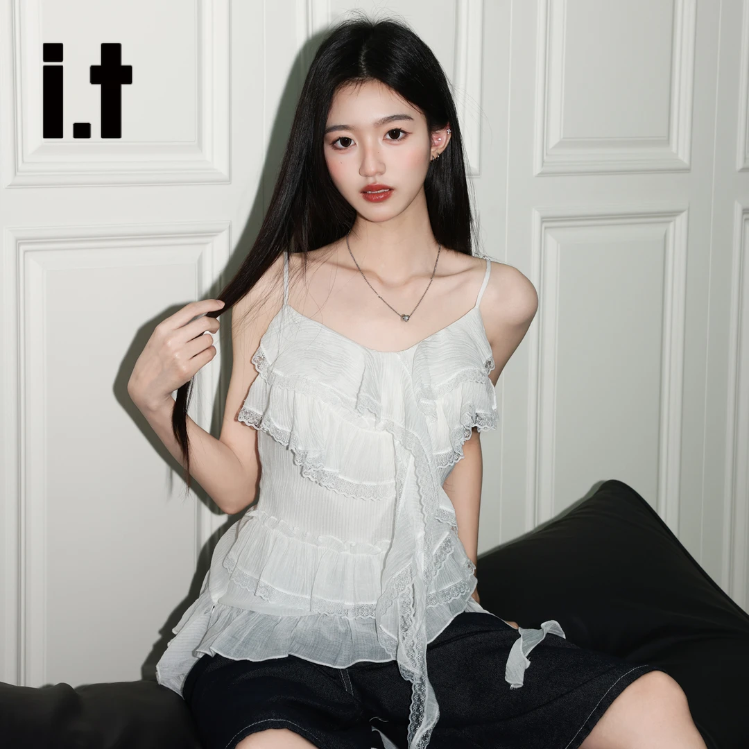 i.t 甜美白色荷叶边蕾丝吊带女夏氛围感收腰海边度假绝美小衫上衣