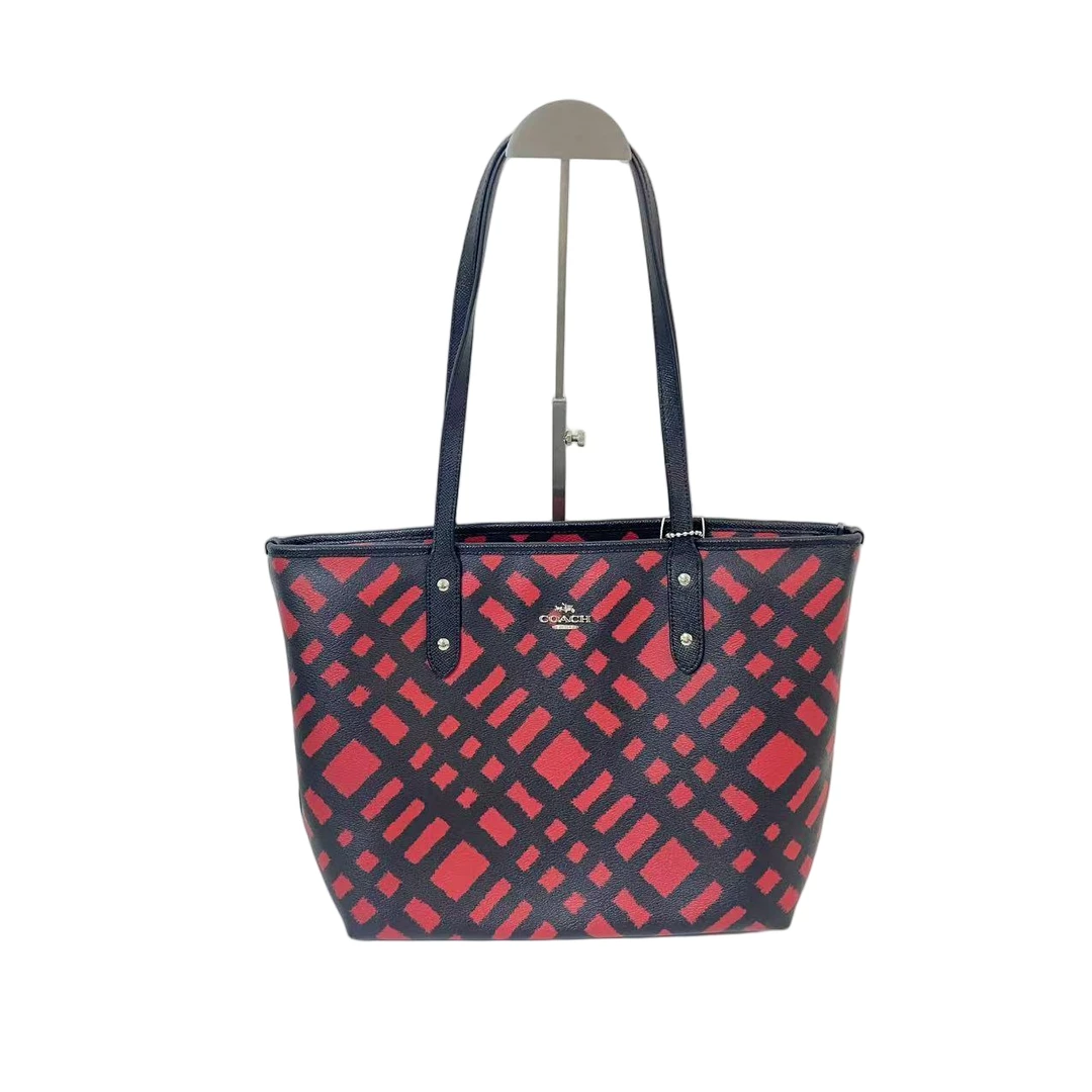 95新 COACH/蔻驰 PVC拼皮红黑格纹手提托特包  Y-50367-C