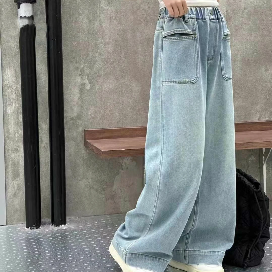 女童阔腿牛仔裤春秋2025新款春装儿童裤子初中生女大童直筒裤宽松
