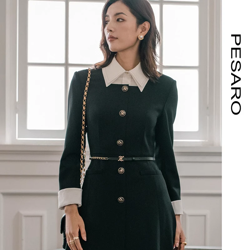 PESARO黄蕙玲女装优雅气质活动衬衫领伞摆连衣裙3209-2013