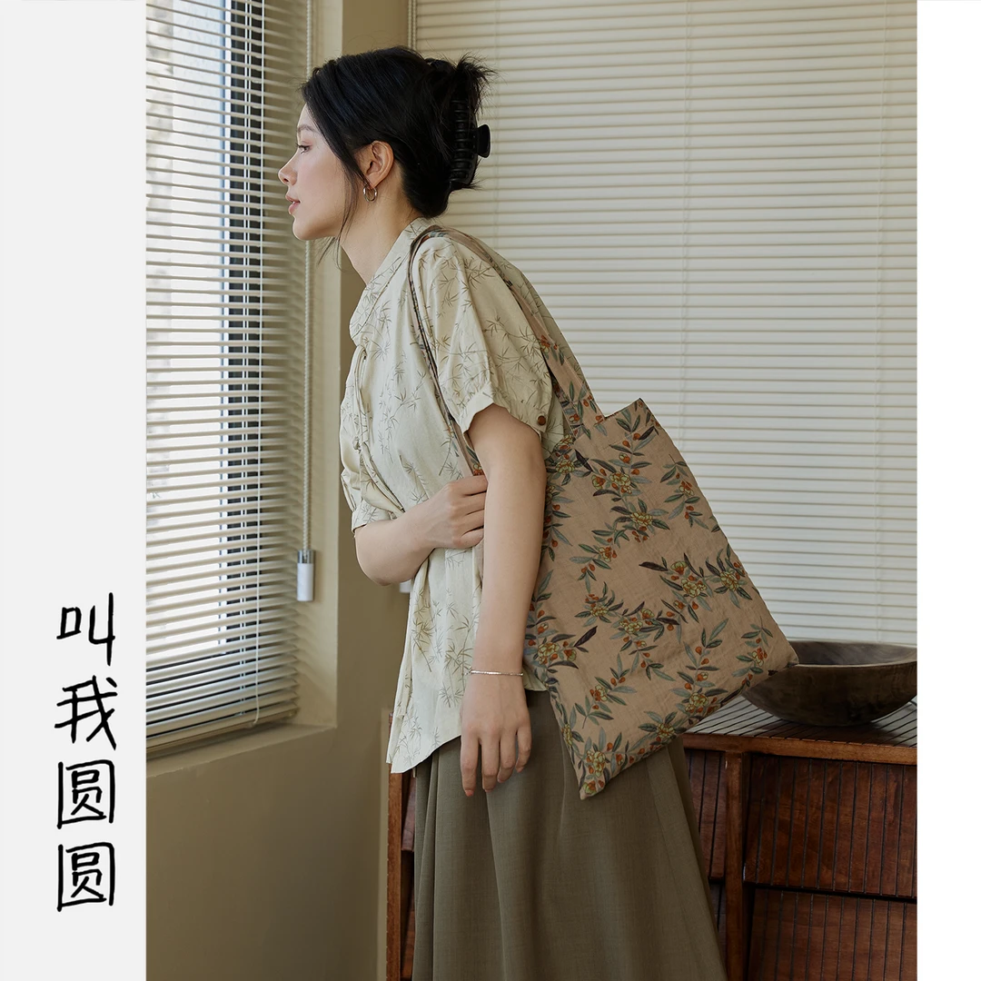 圆圆 【竹林曲】时尚休闲中式夏款斜襟竹子印花盘扣上衣 YY 7922
