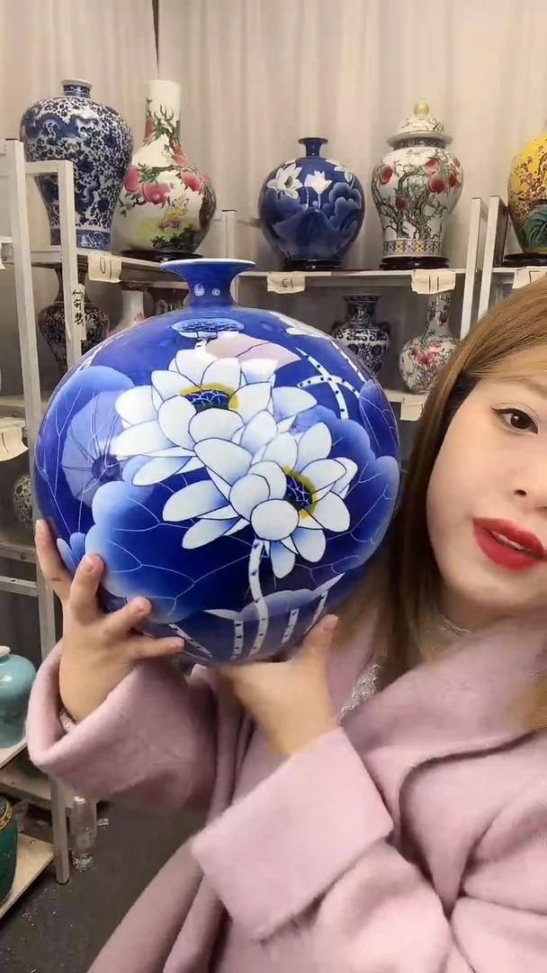 摆件景德镇王建锋老师荷花石榴小号高28左右带证书送底座