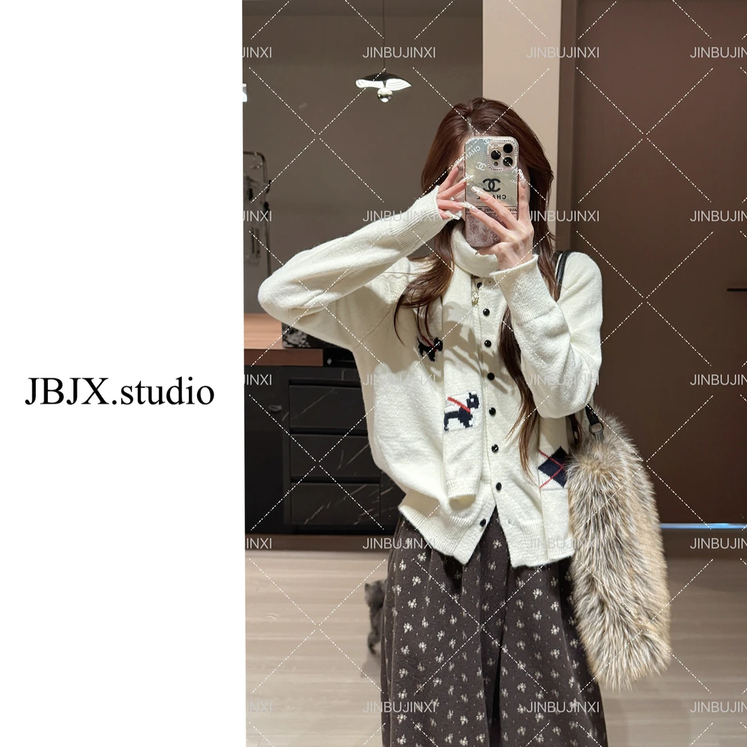 JBJX【围巾款小狗系列 圆领提花针织毛衣】秋冬复古百搭时尚设计感