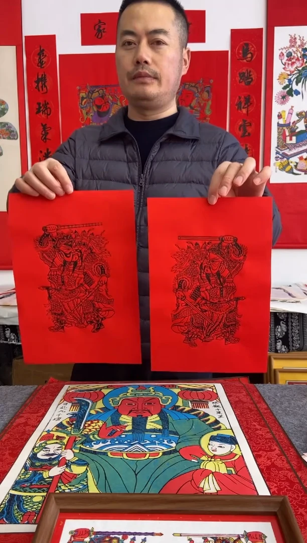 小***精裱顶小秦叔宝尉迟恭红纸墨线手工制作精品