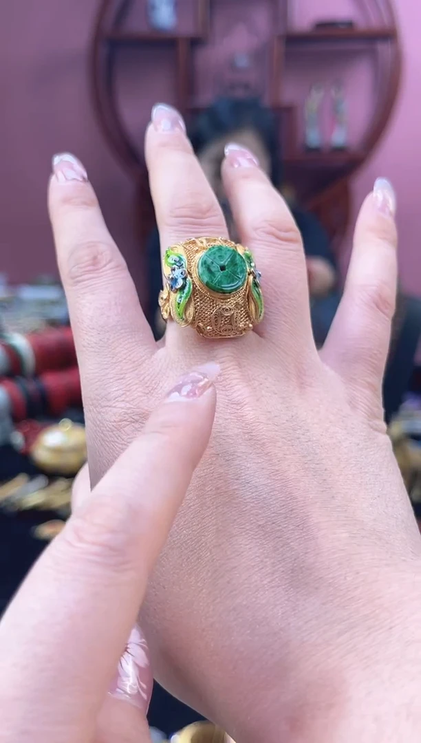 非遗 花丝镶嵌戒指 翠绿 镀金