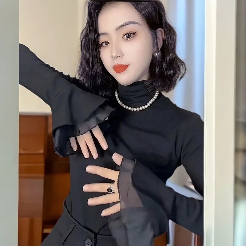 现货～女神范修身高领秋冬加厚德绒打底衫爆款气质时尚修身喇叭袖