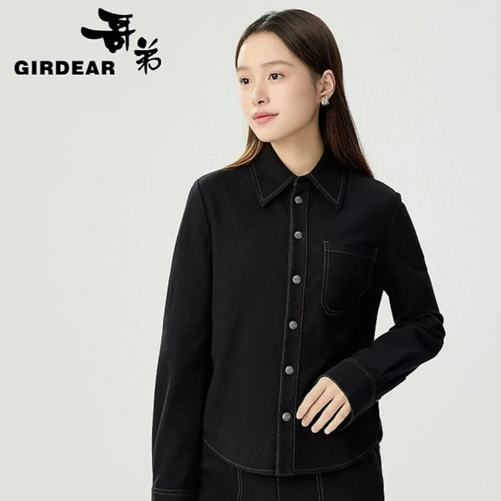 GIRDEAR/哥弟早春新款简约明线宽松显瘦弹性牛仔长袖衬衫130029