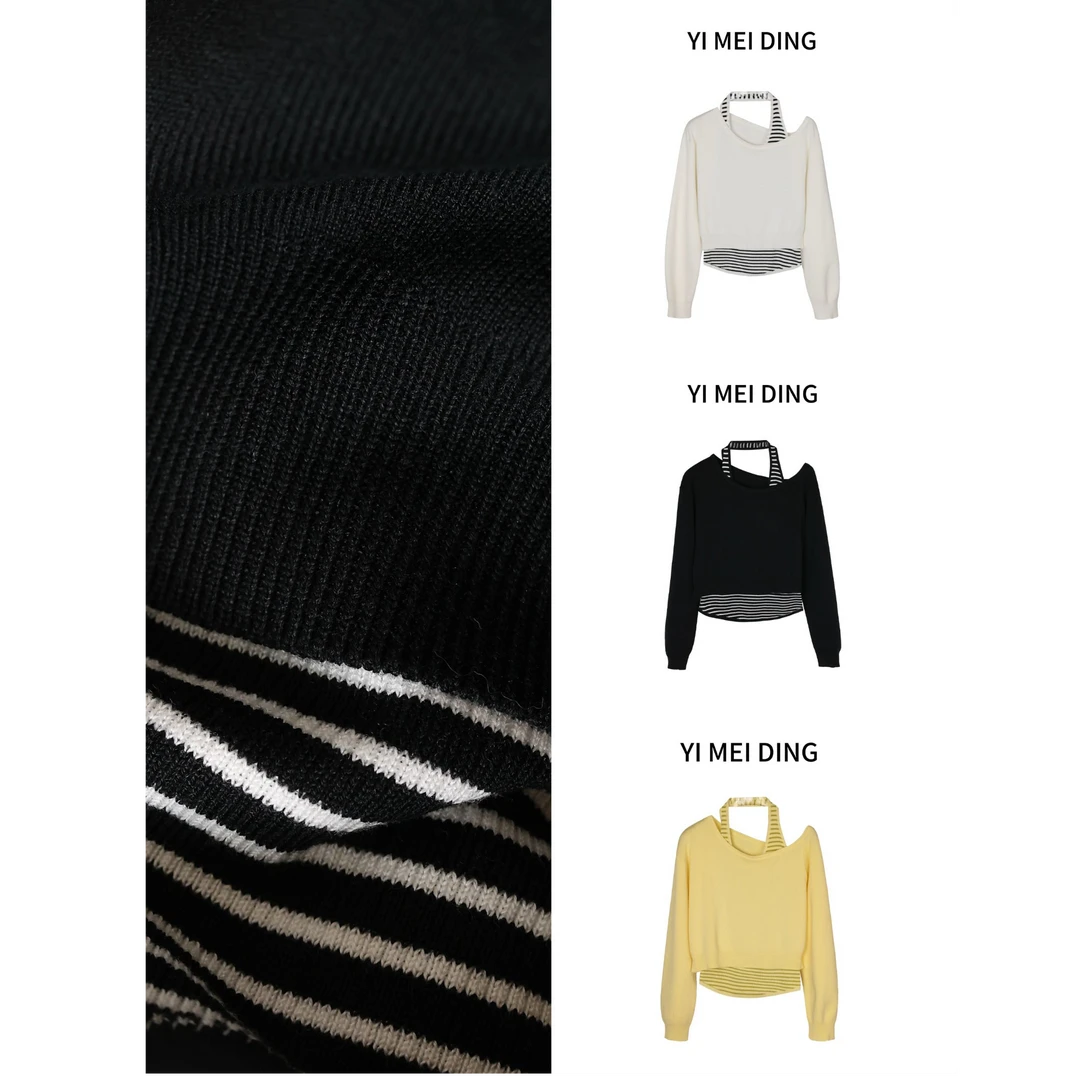 2TZ001依美丁时尚挂脖条纹背心/斜肩针织罩衫两件套套装