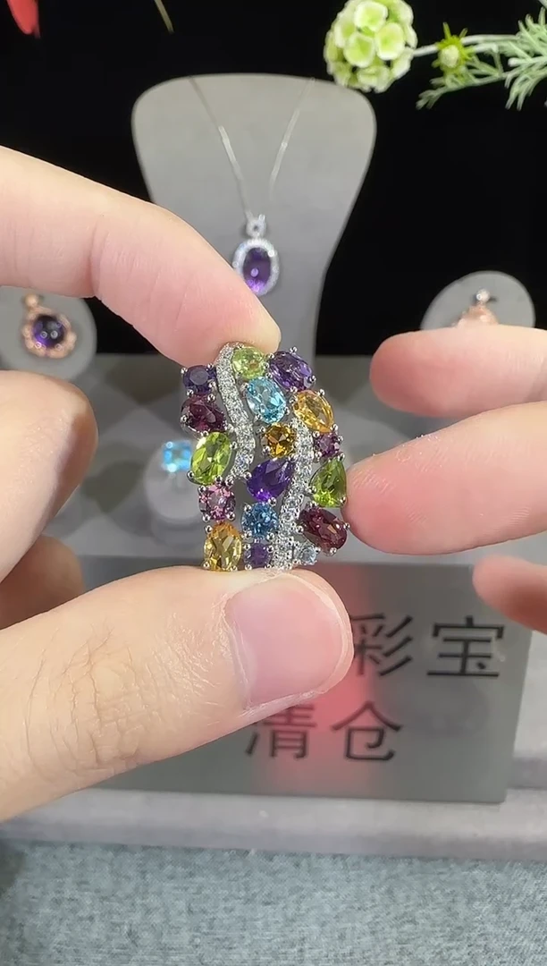 银S925镶嵌颈饰水晶5*7mm多彩宝吊坠
