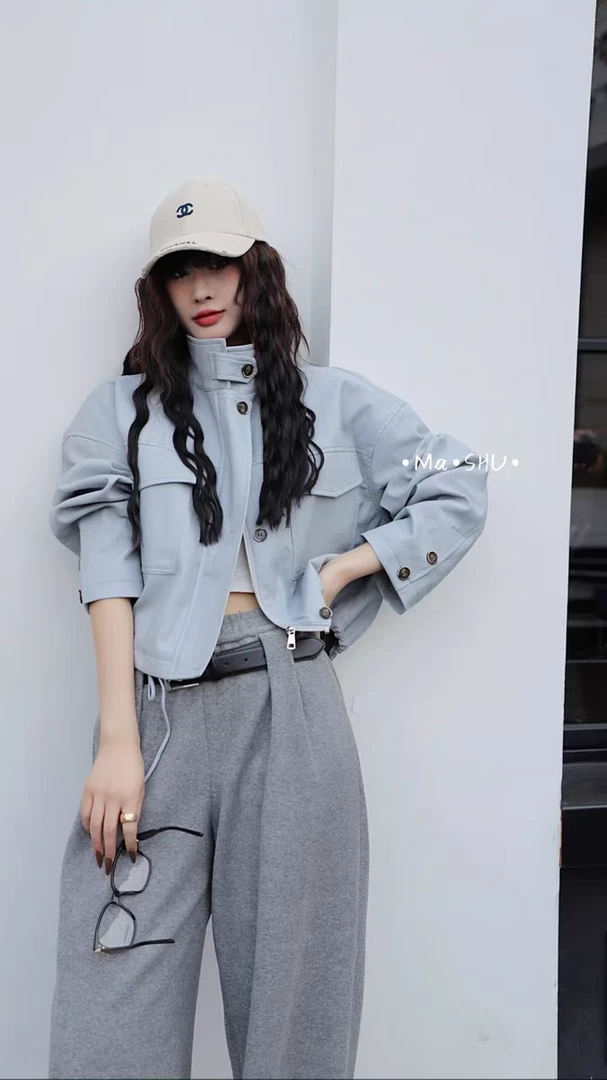 长袖宽松型女春季常规纯色短外套春秋皮衣洋气时尚宽松炸街