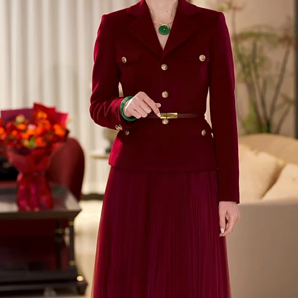 EDFNOT/杨红霞汝意GS酒红色羊毛气质上衣