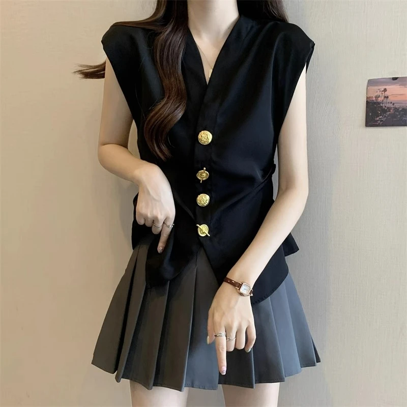 醋酸缎面舒适短袖衬衫女夏季大码胖mm收腰遮肚V领高级感无袖上衣