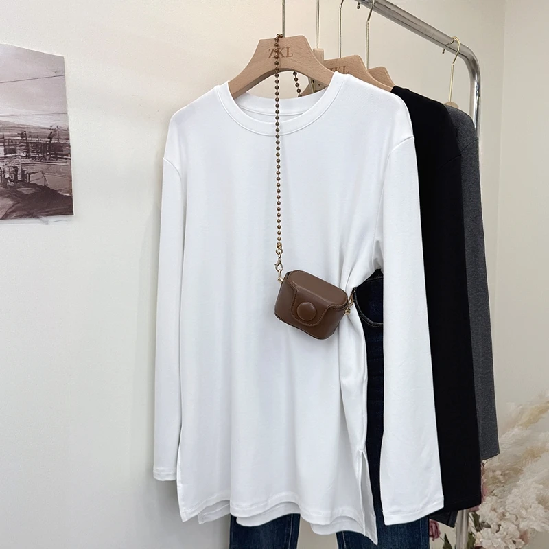 叠穿遮屁股显瘦上衣女搭配鲨鱼裤秋冬德绒打底中长款宽松长袖t恤
