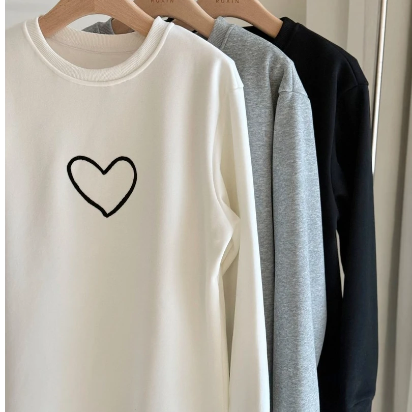 爱心简约时尚百搭圆领加绒长袖T恤加厚磨毛刺绣字母中长遮臀打底