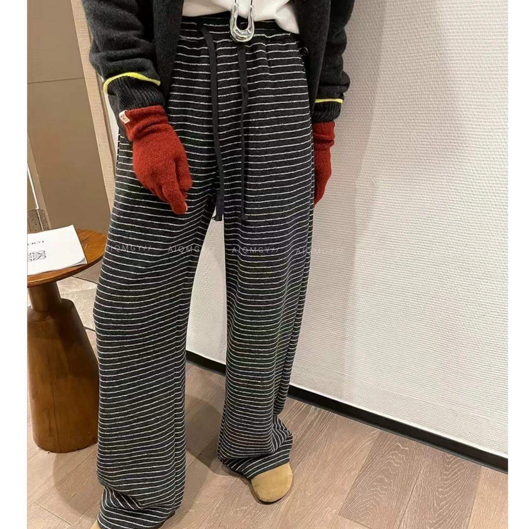 加绒加厚条纹休闲裤女冬季新款显瘦胖mm梨形身材小个子阔腿拖地裤