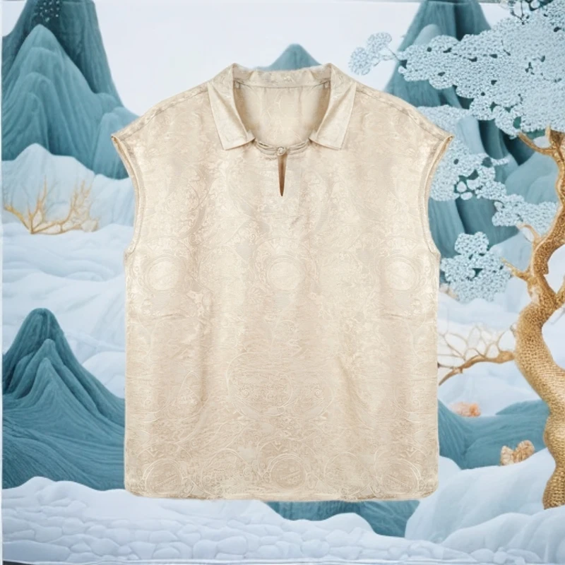 MM2025新款四经绞萝杏色腰果花衬衫领马蹄袖中式上衣 55zh03