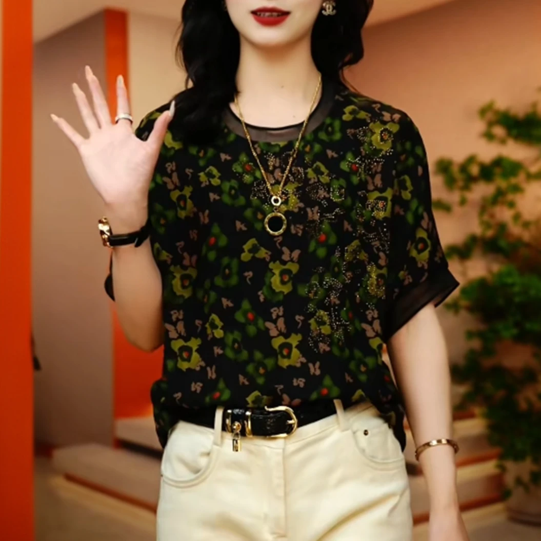 【轻奢装】原创【墨底绿韵】圆领爆款百搭袖碎花显瘦T恤碎花夏季印花