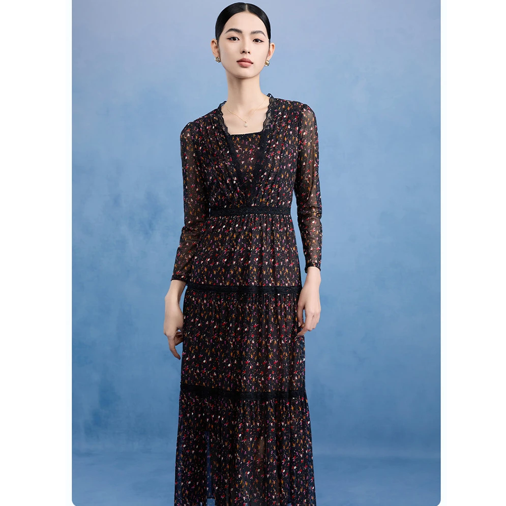 【粉丝专属】减龄气质网纱印花遮肚子洋气女秋连衣裙气质VDSD03DRX0