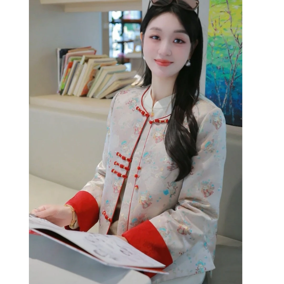 《秀秀定制》【招财喵】时尚秋冬季新中式气质加棉保暖外套6909