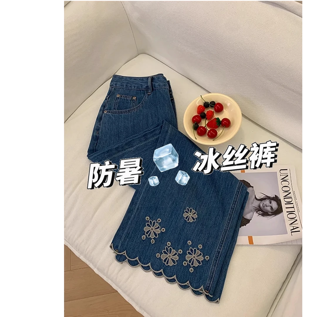 蓝色九分刺绣阔腿牛仔裤女夏薄款2025新款大码胖mm高腰显瘦宽松裤