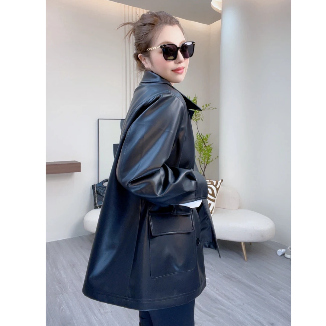 翻领皮衣外套气质时尚休闲百搭黑色 80489