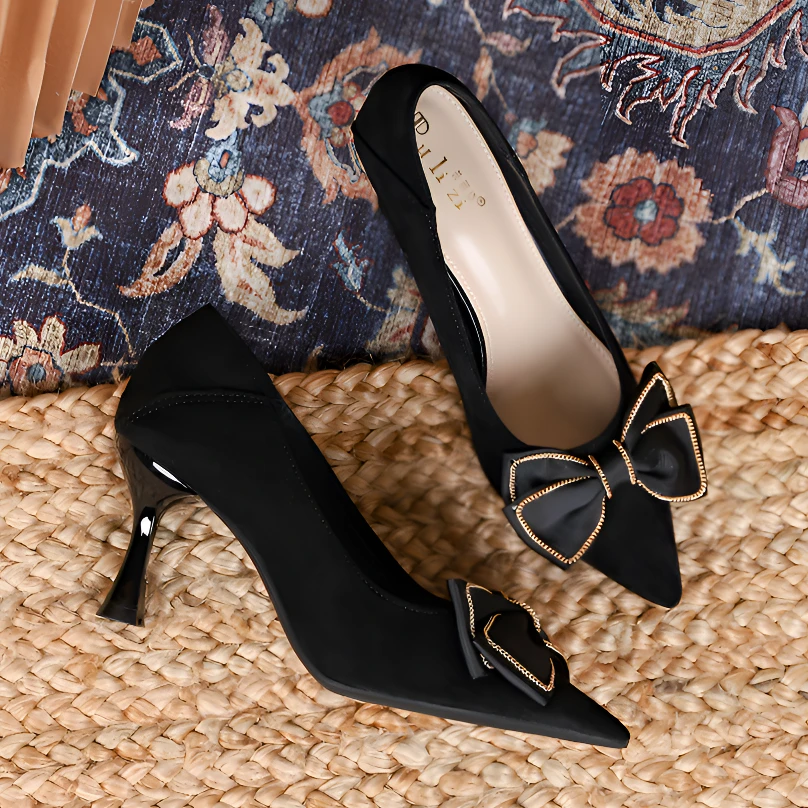 黑色绒面法式尖头蝴蝶结中跟鞋细高跟浅口单鞋气质温柔矮跟工作鞋