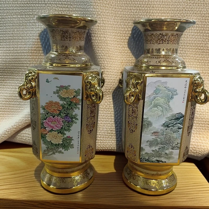 宏泰瓷源 景德镇高端赏瓷 万里江山鎏金对瓶 zsm0179 
