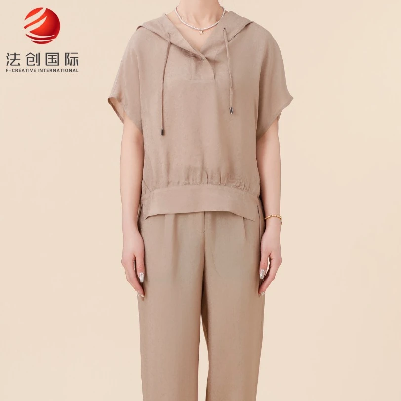 411412205女款时尚休闲百搭夏季黑色带帽衬衫连帽短袖