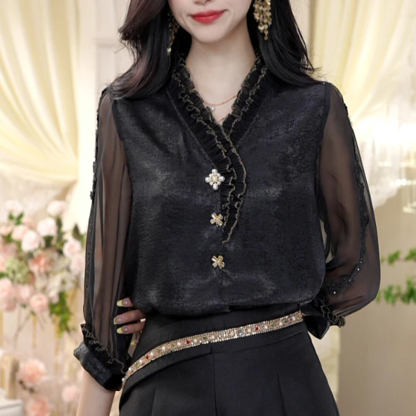 【现货福利】衬衫荷叶边上衣时尚气质OHSHH04033