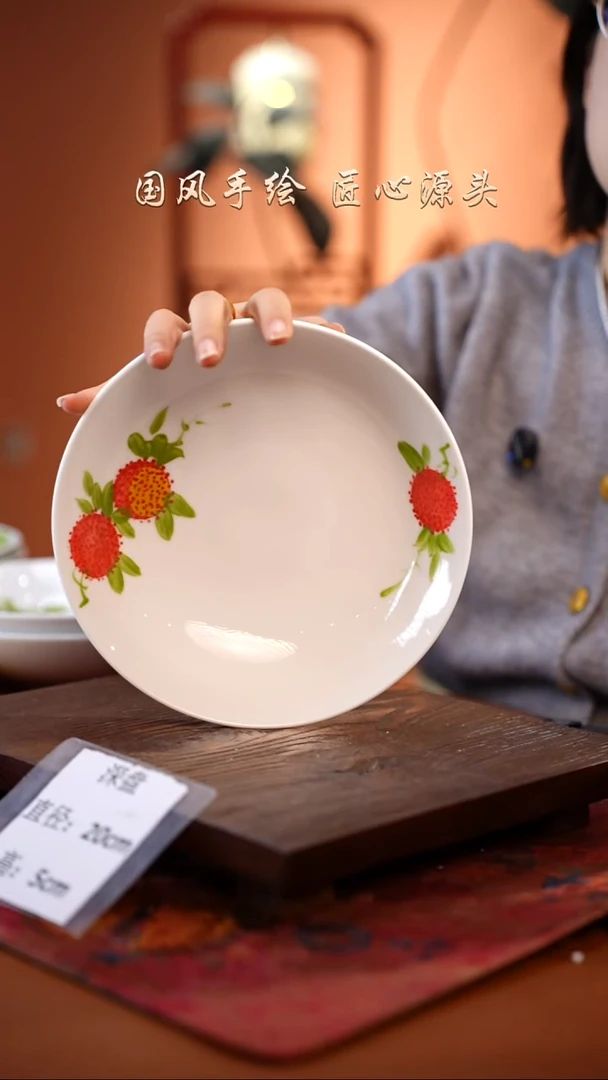 陶瓷景德镇高温釉中彩深盘直径20高5