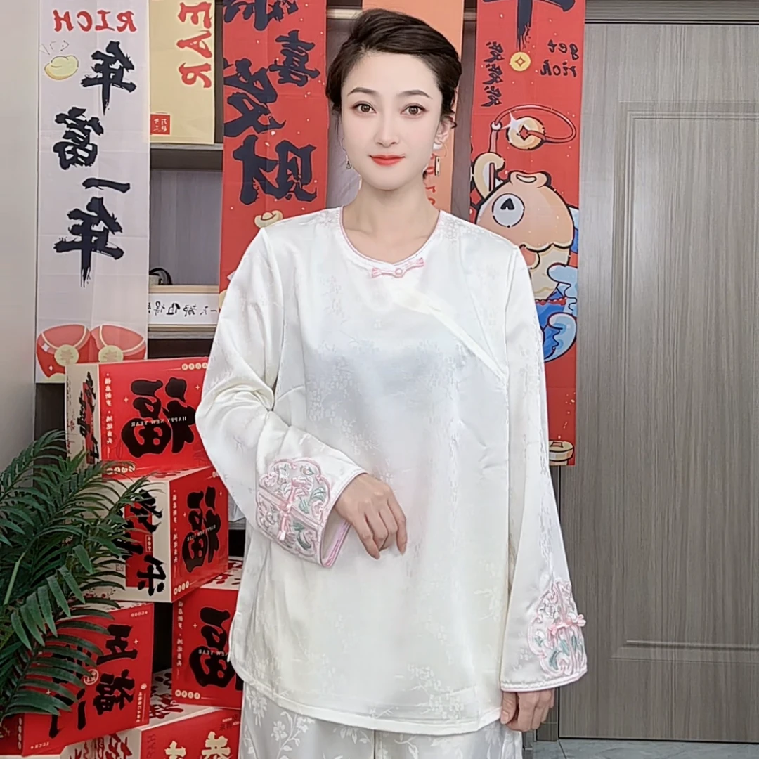 林夕国风新中式女装复古圆领宽松长袖T恤时尚白色