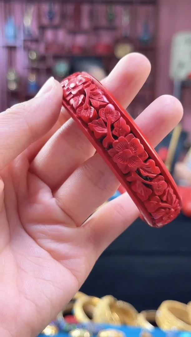 非遗 雕漆手镯 红黑 花卉 59