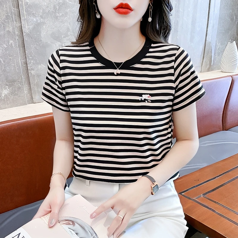 显瘦减龄百棉条纹圆领刺绣短袖T恤女宽松复古洋气百搭夏季上衣