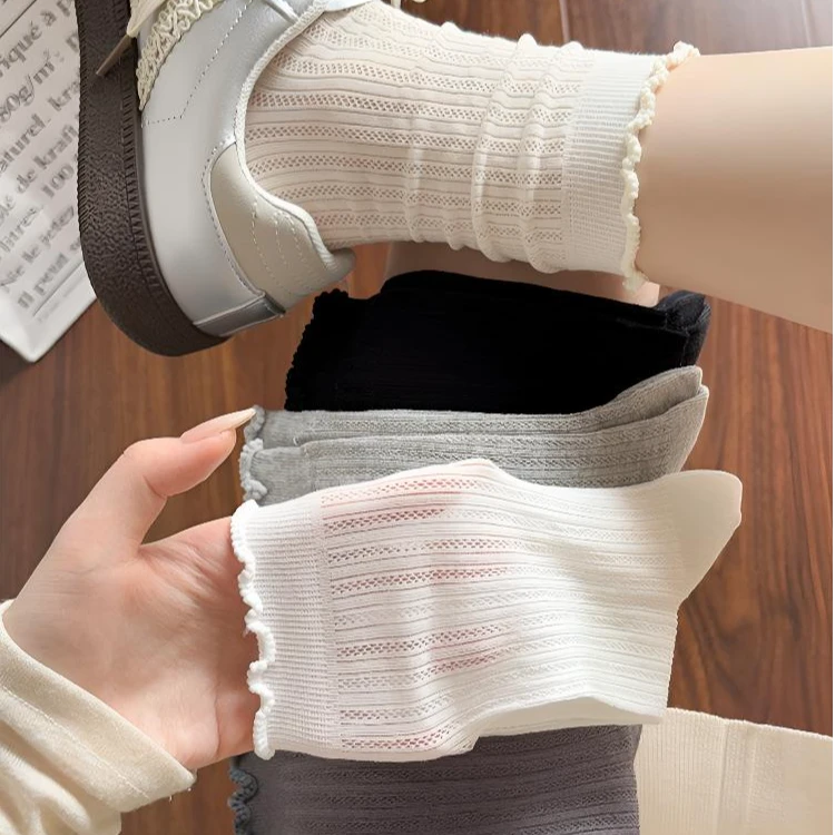 袜子女夏季薄款网眼镂空透气长袜韩系ins纯色百搭中筒袜堆堆棉袜